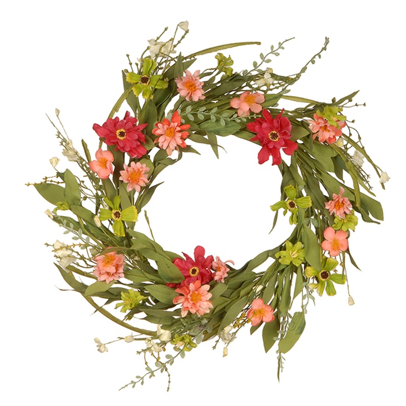 22 in. Spring Wreath with Red, Green and Pink Wildflower Blooms, Flowing Green Stems