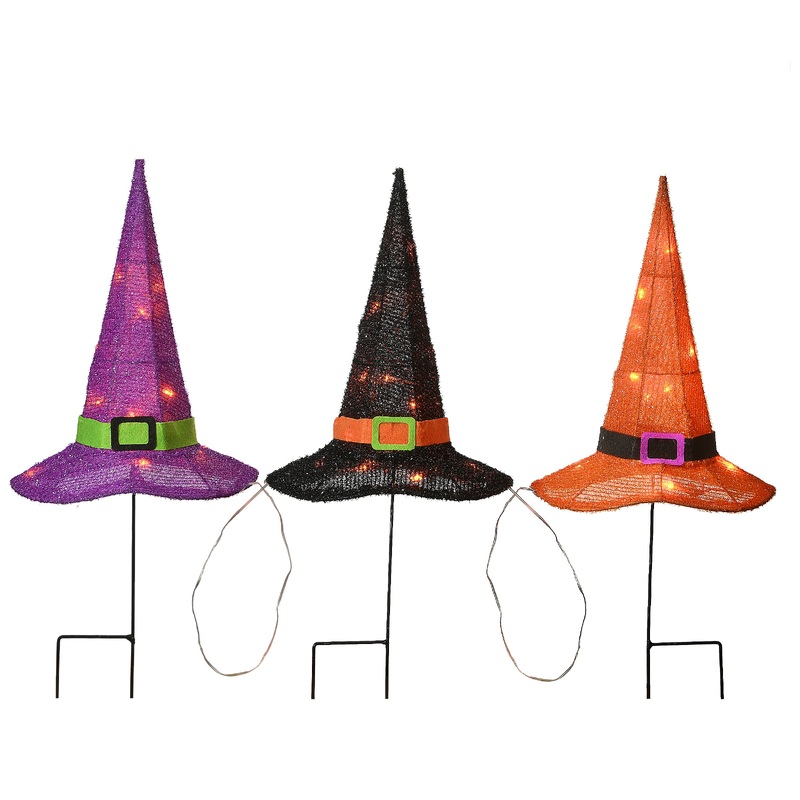 23 in. Halloween Orange,Black and Purple Witchs Hat Garden Stakes with LED Lights