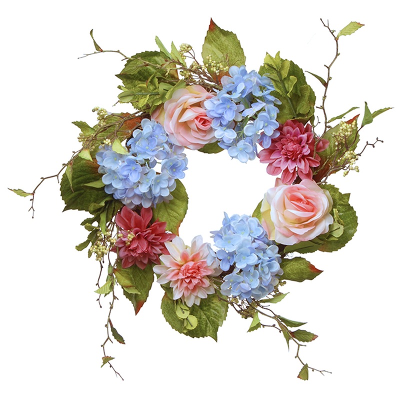 23 in. Spring Wreath with Hydrangea, Rose and Dahlia