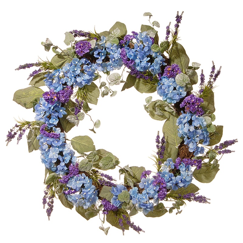 32 in. Spring Wreath with Blue Hydrangea Blooms, Purple Flowers, Flowing Green Stems