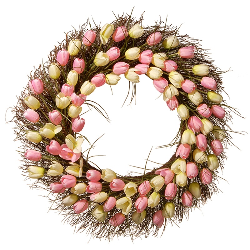 32 in. Spring Wreath with Yellow and Pink Tulip Blooms, Flowing Green Stems