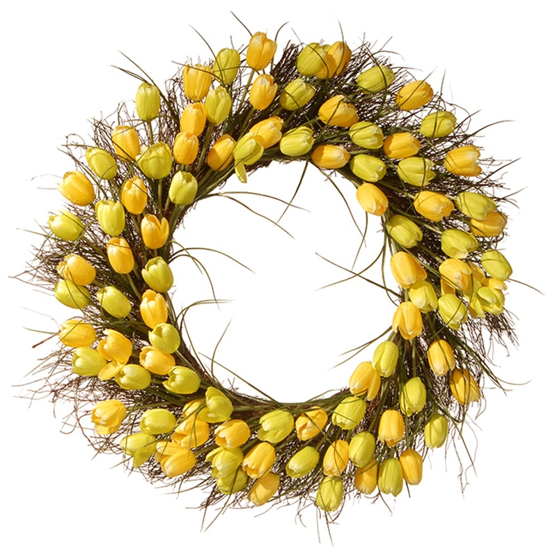 32 in. Spring Wreath with Yellow Tulip Blooms, Flowing Green Stems
