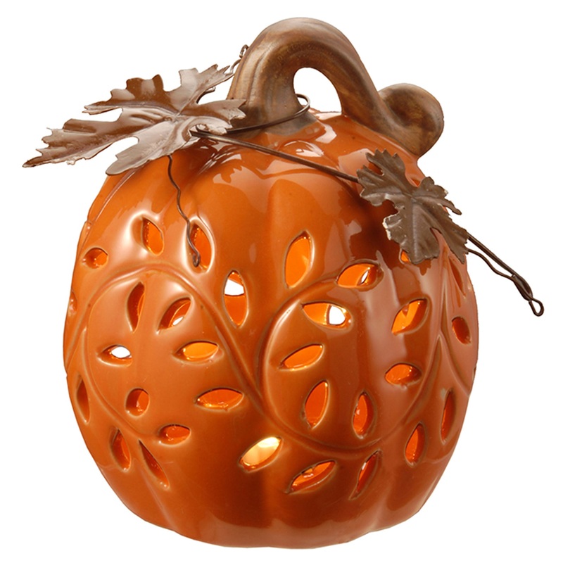 6 in. Halloween Ceramic Pumpkin Decoration with LED Lights