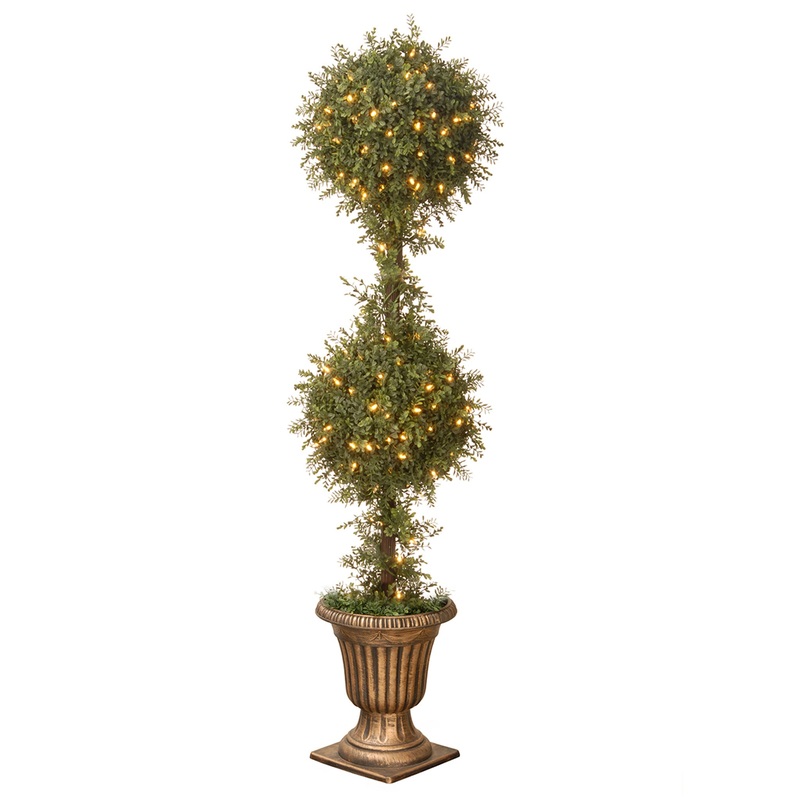 60 in. Pre-Lit Mini Tea Leaf 2 Ball Topiary in a Gold Urn with Clear Lights