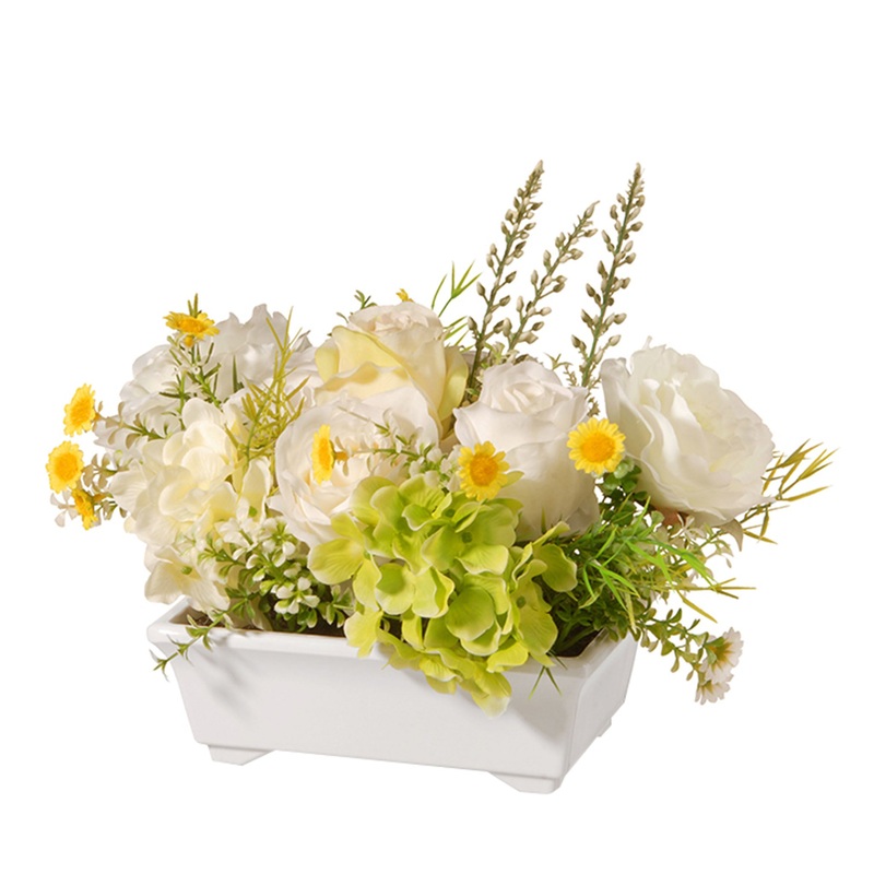 7 in. Spring White Hydrangeas and Roses Flower Potted in a White Pot Base