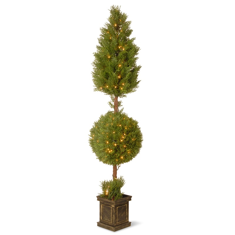 72 in. Pre-Lit Juniper Cone and Ball Topiary Tree in a Black Square Pot with Clear Lights