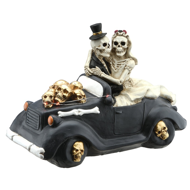 8 in. Halloween Skeleton Bride and Groom in Black Car with LED Lights