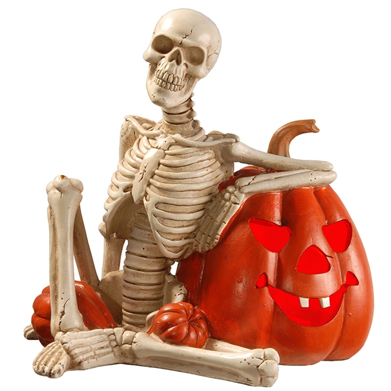 9 in. Halloween Skeleton and Jack O Lantern Decoration with LED Lights
