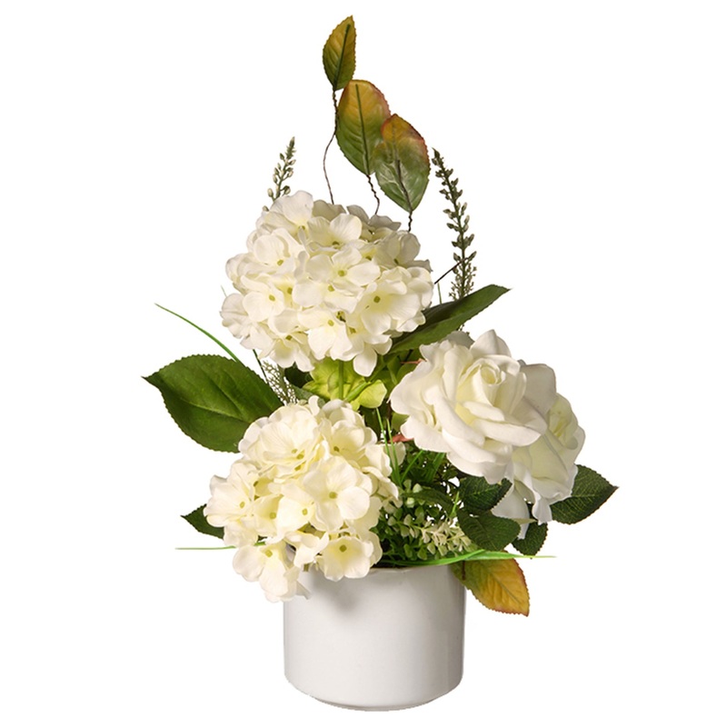 9 in. Spring Hydrangea Blooms Flower Potted in a White Pot Base