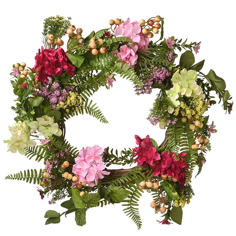 Artificial Hanging Wreath, Woven Branch Base, Red, Pink and Yellow Hydrangea Blooms, Berry Clusters, Wild Flowers, Fern Fronds, Spring Colelction, 22 Inches