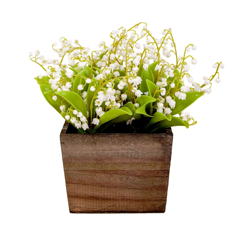10 in. Spring White Lily-of-the-Valley Flowers in Wood Box