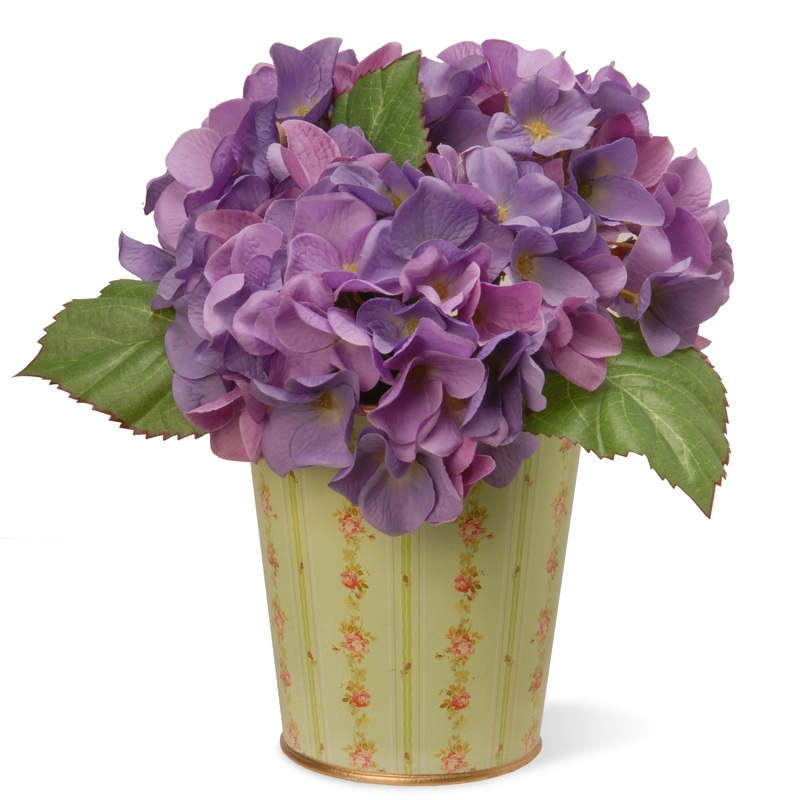 11 in. Spring Garden Accents Hydrangea Flowers in Tin Pot