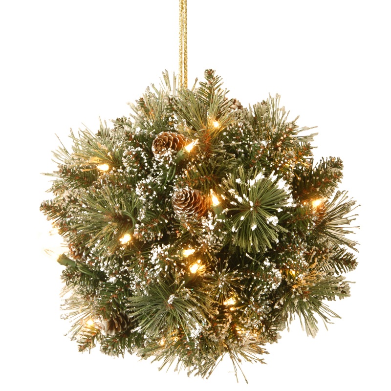 12 in. Pre-Lit Glittery Bristle Pine Kissing Ball with Warm White LED Lights