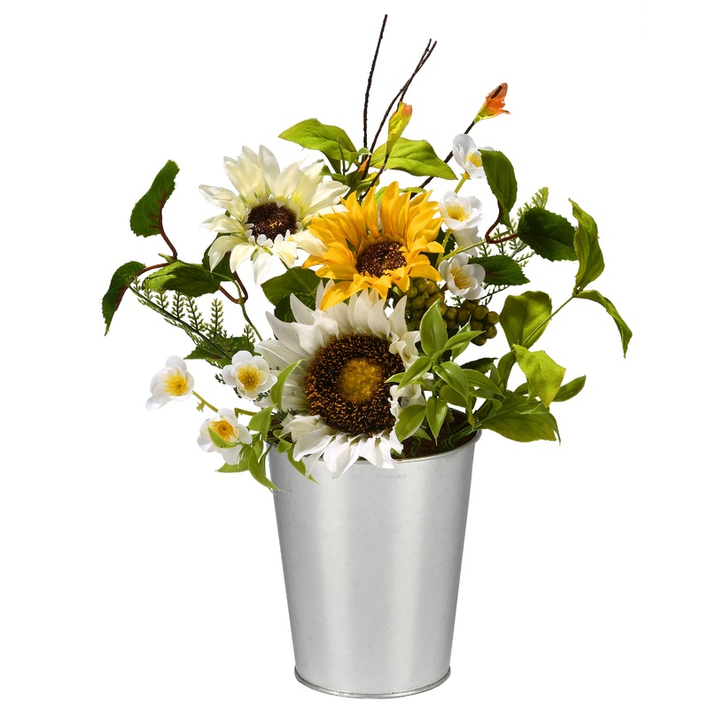 14 in. Spring Flower Potted Plant with Sunflower Blooms, Fern Fronds, Flowing Green Stems, Berry Clusters in a Metal Pot Base