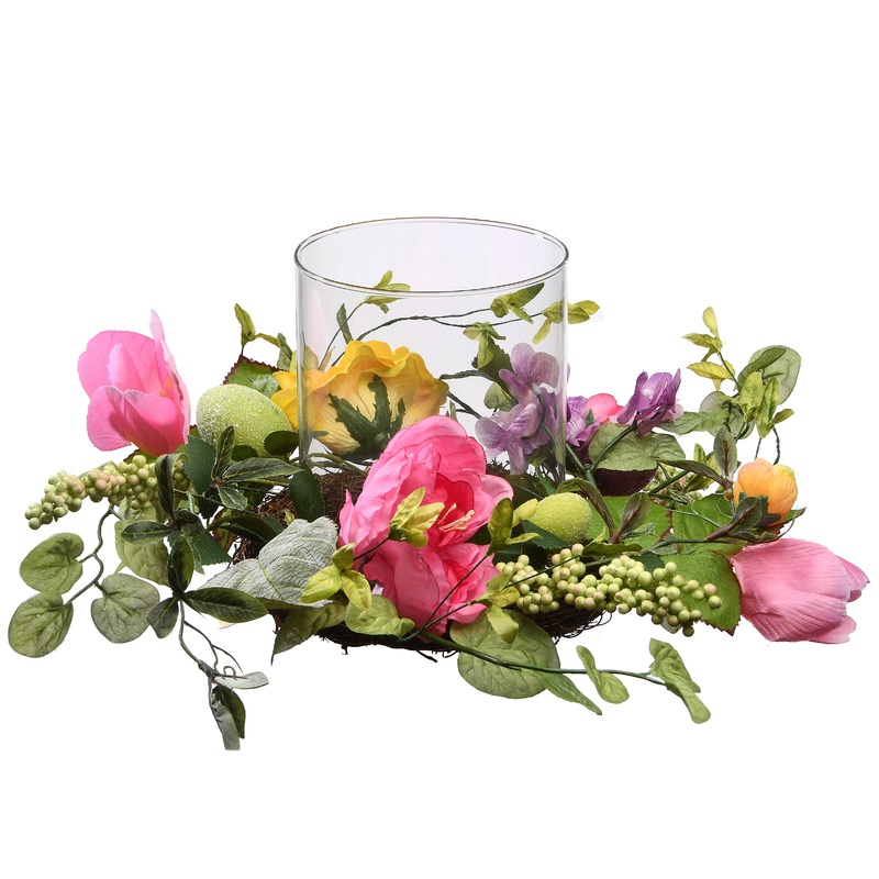 16 in. Easter Candleholder Decorated with Flower Blooms and Pastel Eggs