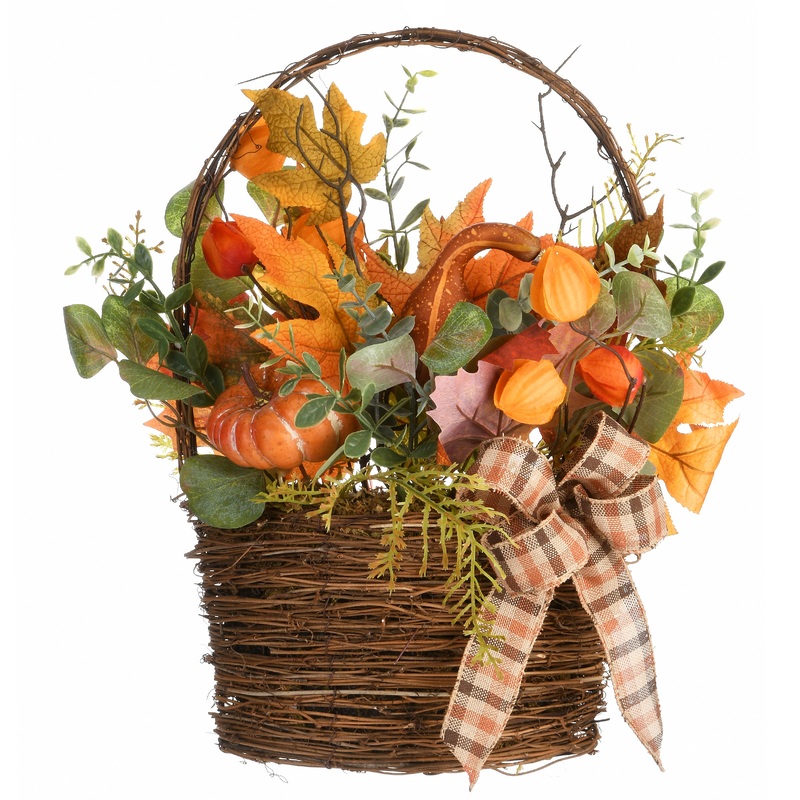 17 in. Fall Flowers in Wicker Basket with Pumpkins, Gourds, Flower Buds, Burlap Bows, Maple Leaves
