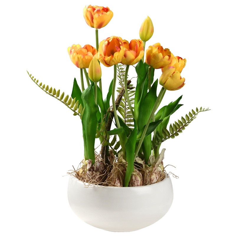 18 in. Spring Flower Potted Plant with Yellow Tulips, Vibrant Green Stems, Fern Fronds in a Stylish Ceramic Pot Base