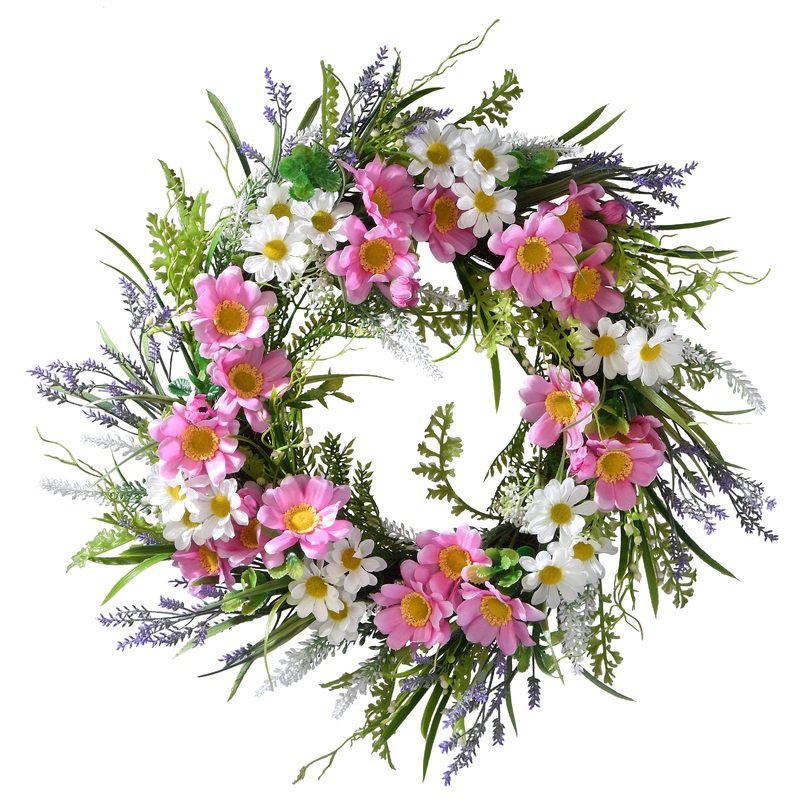 18 in. Spring Wreath with Pink and White Daisies, Leafy Greens, Seed Pods