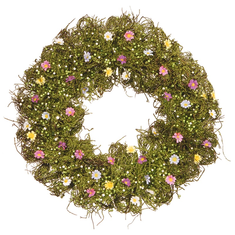 19 in. Spring Wreath with Yellow, White, Pink and Blue Flower Blooms, Green Ivy, Berries