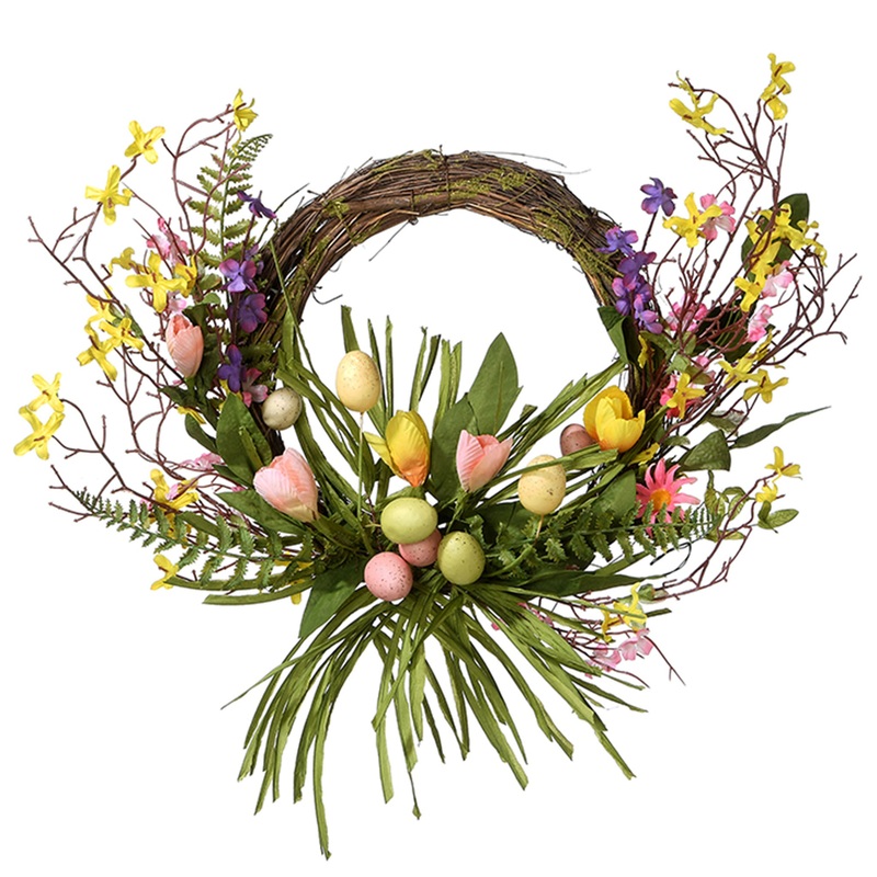 20 in. Easter Wreath Decorated with Pastel Eggs, Flower Blooms