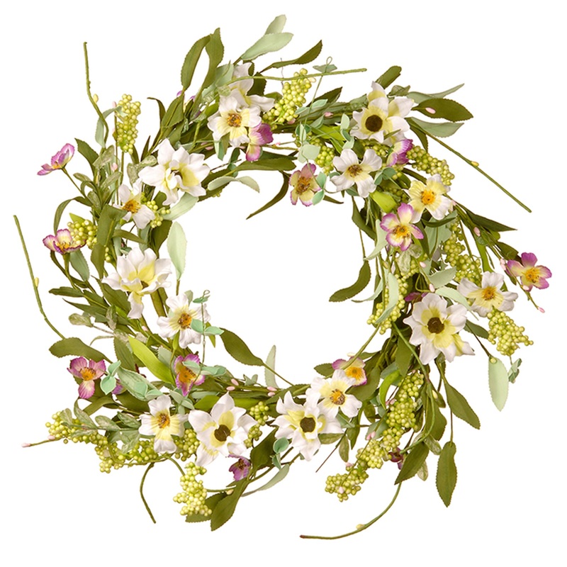 20 in. Spring Wreath with White and Purple Mixed Flower Blooms, Flowing Green Stems, Seed Pods
