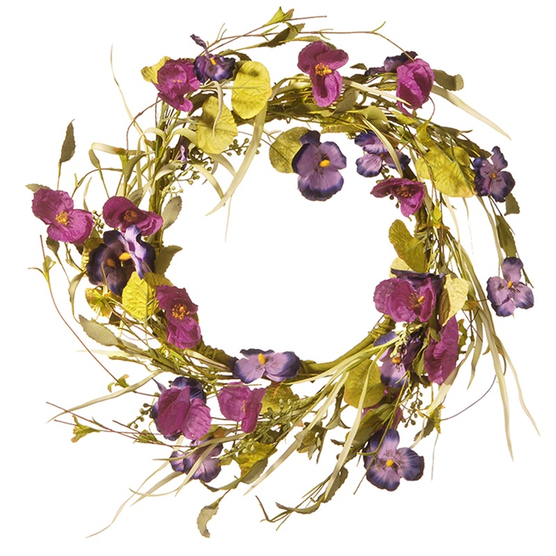 22 in. Spring Wreath with Purple Pansy and Poppy Flowers, Seed Pods, Leafy Greens