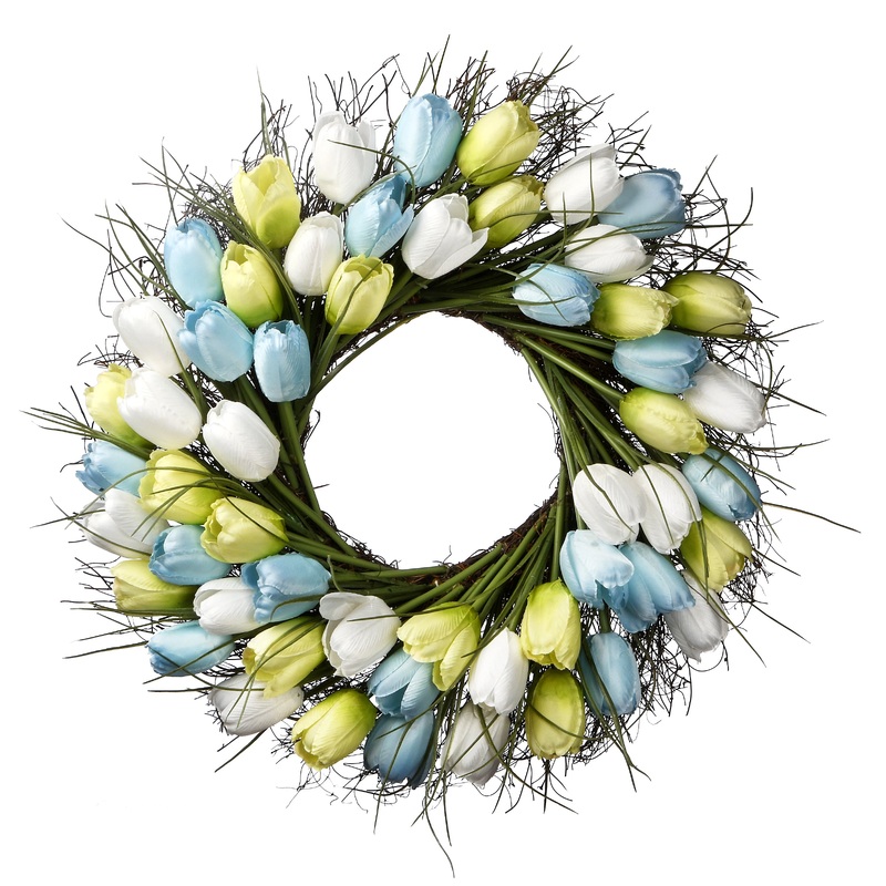 22 in. Spring Wreath with Yellow, Blue and White Tulips