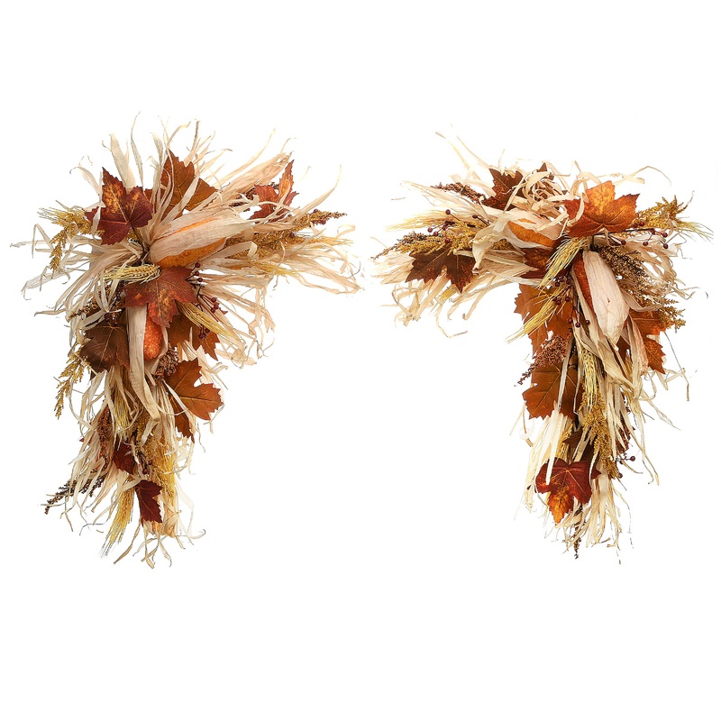 24 in. 2-Piece Fall Door Corners with Corn Husks, Raffia Leaves, Berry Clusters