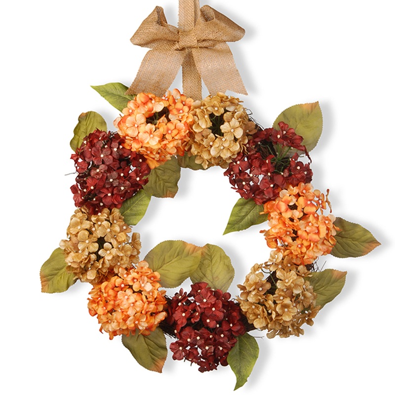 24 in. Fall Wreath with Hydrangeas, Elm Leaves, Burlap Ribbon