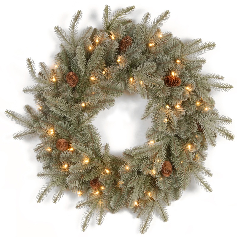 24 in. Pre-Lit Frosted Arctic Spruce Wreath with Clear Lights