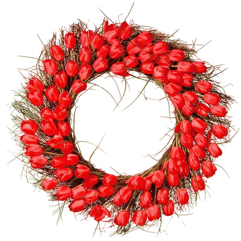 32 in. Spring Wreath with Red Tulip Blooms, Flowing Green Stems