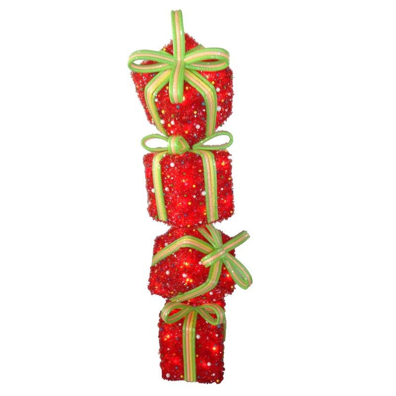 34 in. Pre-Lit Stack of Red Gift Boxes Decoration, White Lights