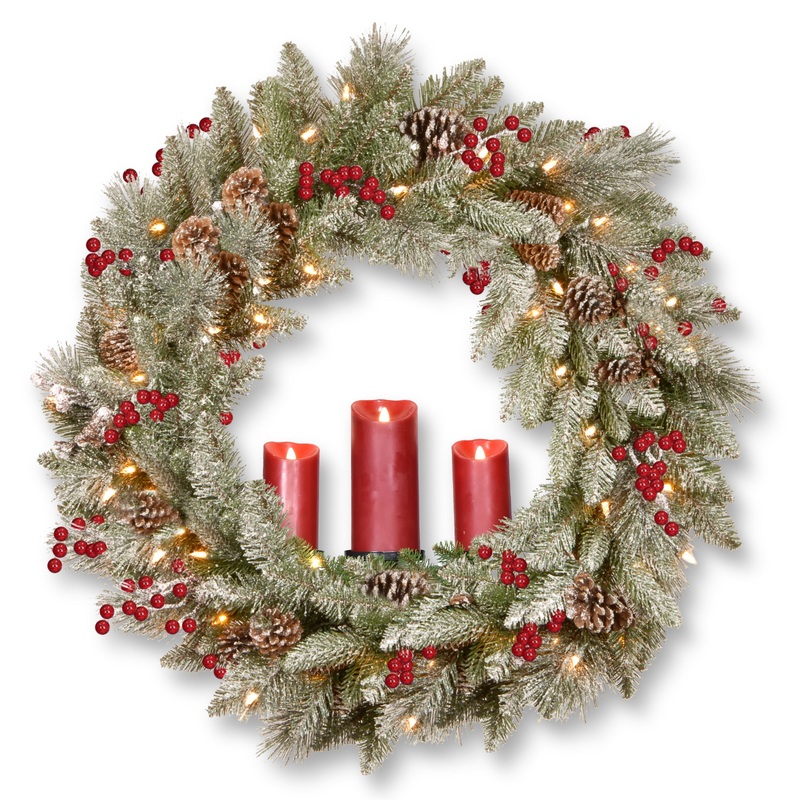 36 in. Pre-Lit Snowy Bristle Berry Wreath with Three Candle