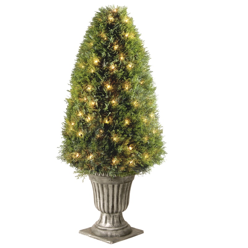 48 in. Pre-Lit Upright Juniper Topiary in a Silver Urn