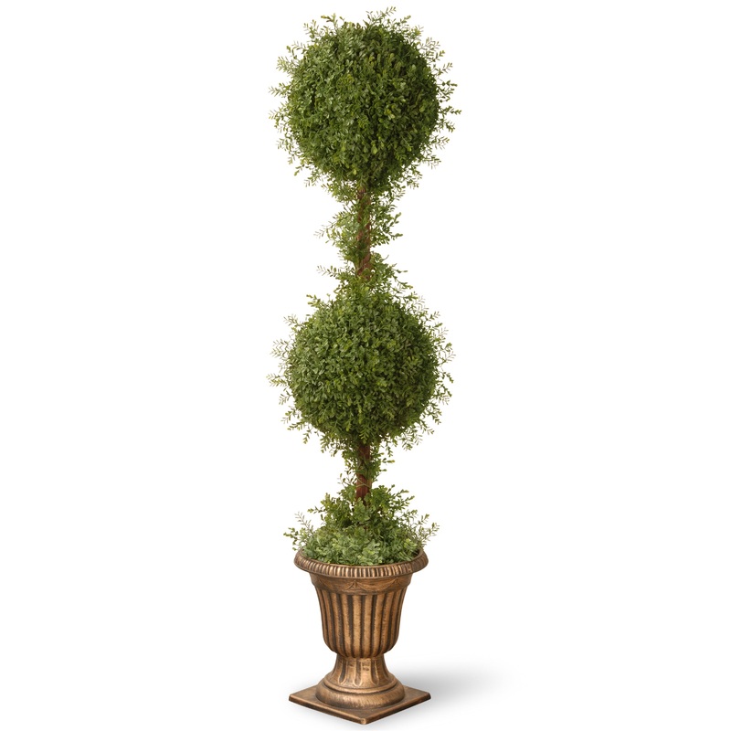 60 in. Mini Tea Leaf 2 Ball Topiary with Black in a Gold Urn