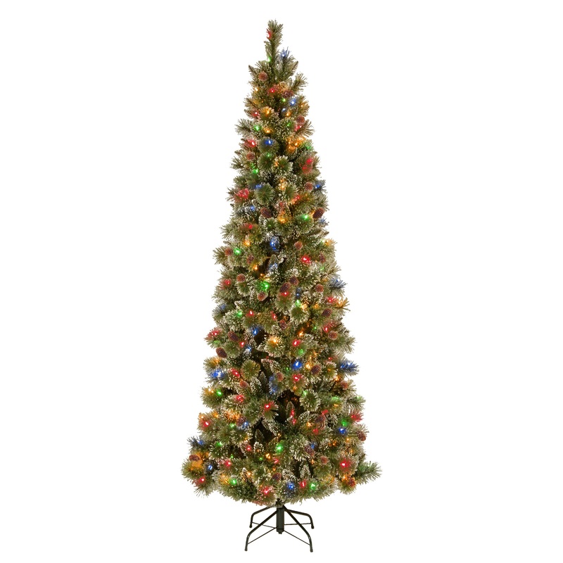 9 ft. Pre-Lit Glistening Pine Pencil Slim Tree with PowerConnect Multicolor Lights