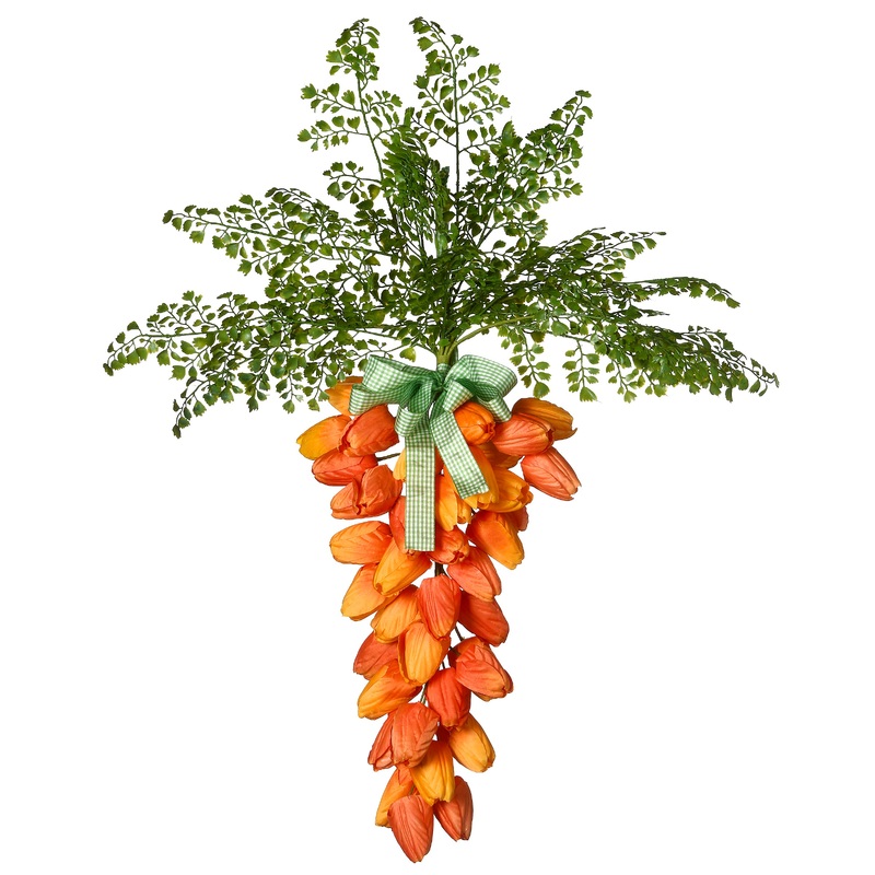 Artificial Floral Wall Hanging Decoration, Carrot Shaped, Orange and Yellow Blooms, Easter Collection, 31 Inches