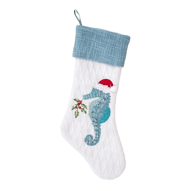 20 in. HGTV Home Collection Embroidered Blue Seahorse Stocking