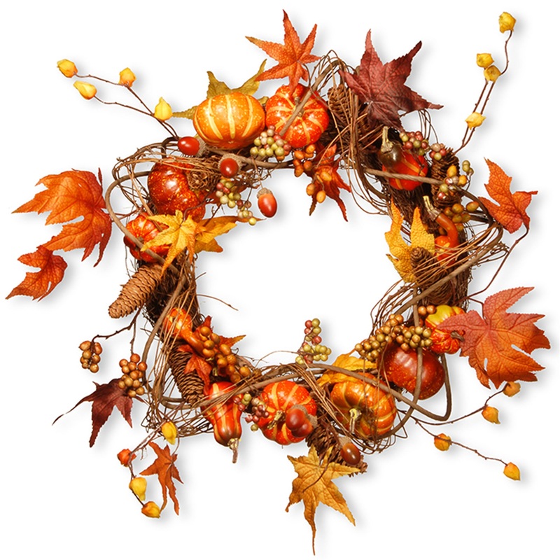 21 in. Fall Wreath with Pumpkins, Gourds, Pinecones, Berry Clusters, Maple Leaves
