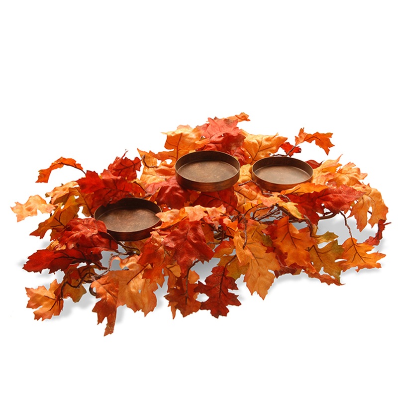 22 in. Fall Centerpiece, Three Candle Holders, Decorated with Maple Leaves