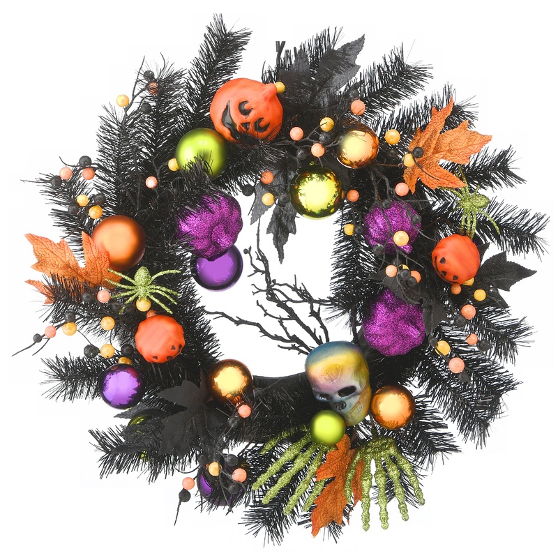 22 in. Halloween Wreath with Skulls, Jack O Lanterns, Spiders, Hands, Ball Ornaments, Leaves