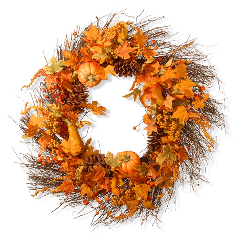 28 in. Fall Wreath with Pumpkins, Pinecones, Berry Clusters, Maple Leaves