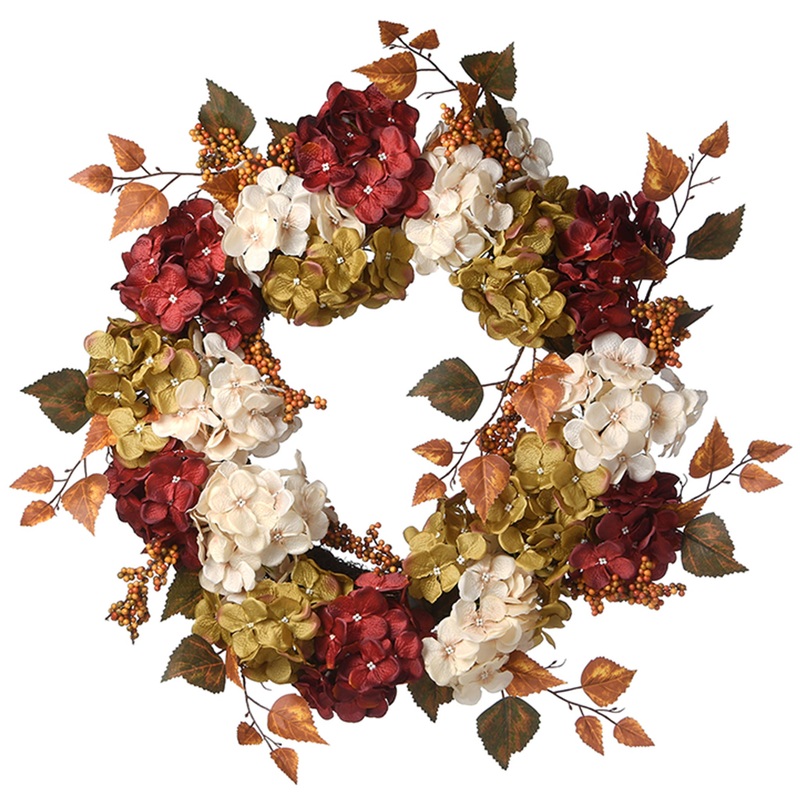 Artificial Autumn Wreath, Decorated with Pinecones, Berry Clusters, Hydrangeas, Leafy Branches, Autumn Collection, 24 in