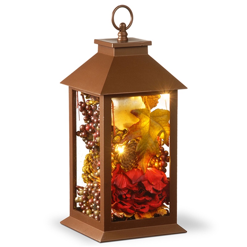 12 in. Fall Lantern with LED Lights, Filled with Pumpkins, Leaves, Flowers, Berry Clusters