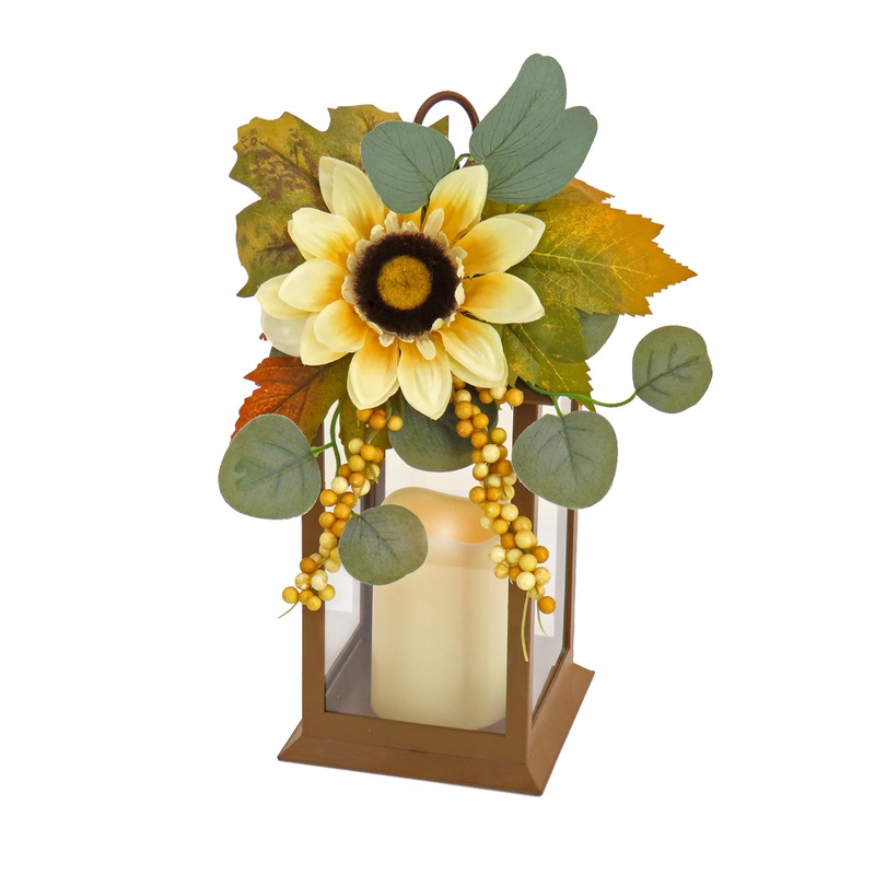 13 in. Fall Lantern with Sunflower, Maple Leaves, Eucalyptus, Berry