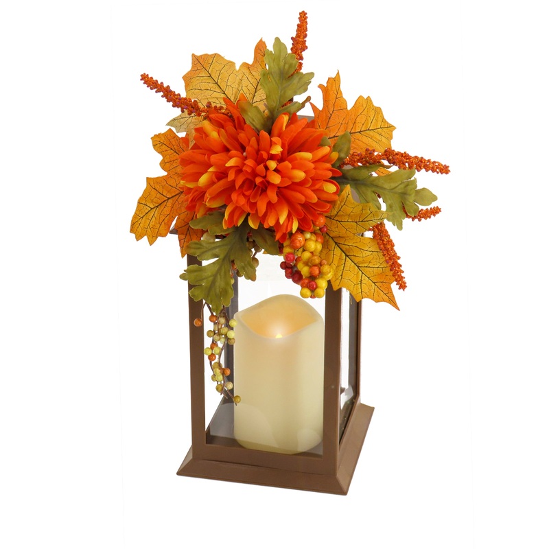 14 in. Fall Lantern with Mum Flower, Mixed Leaves, Berry