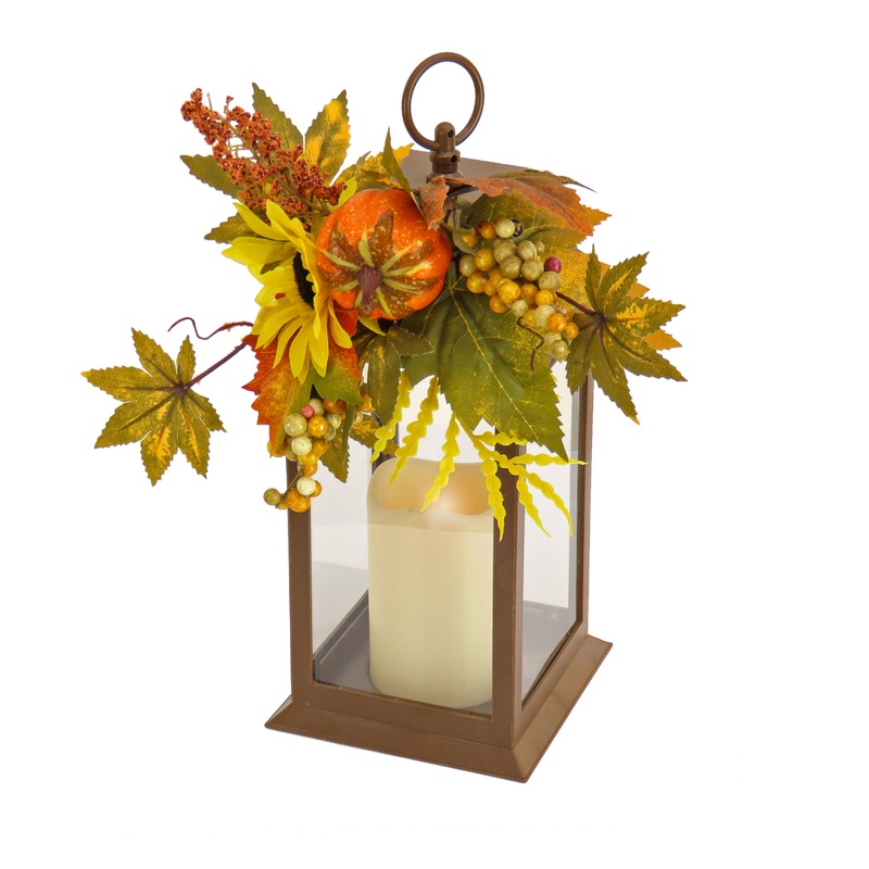 14 in. Fall Lantern with Sunflower, Mixed Leaves, Berry, Pumpkin