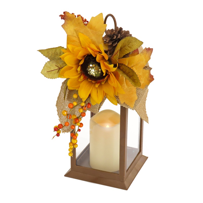 14 in. Fall Lantern with Sunflower, Mixed Leaves, Pinecone and Bow