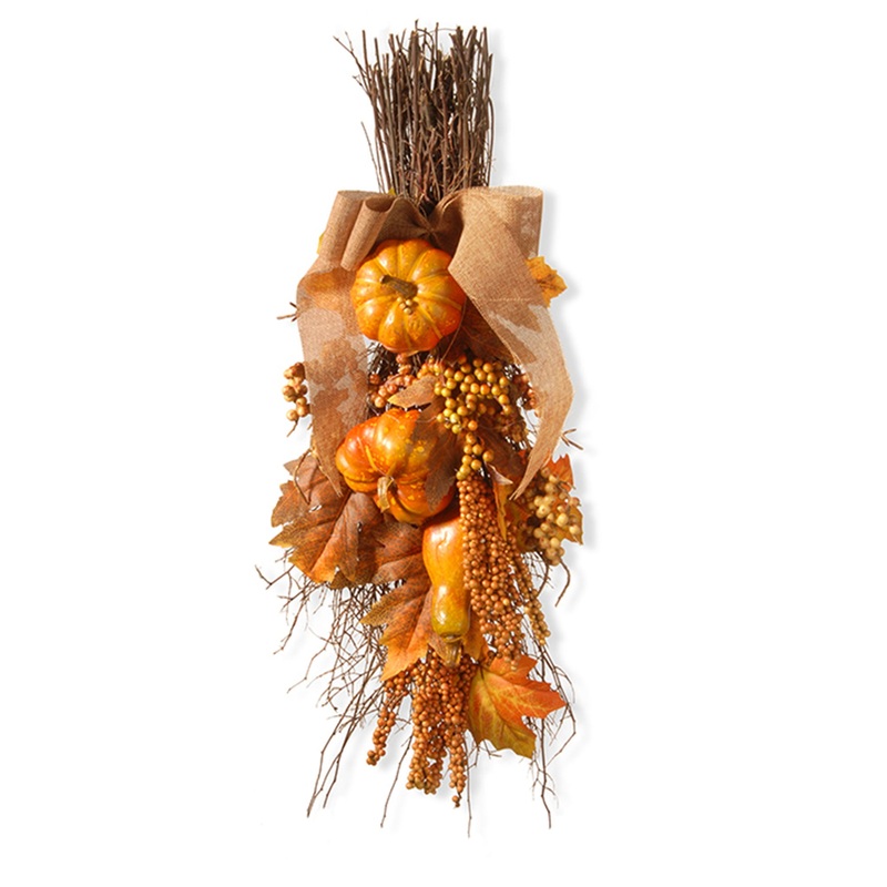 18 in. Fall Teardrop Wall Decoration with Pumpkins, Berry Clusters, Maple Leaves, Branches