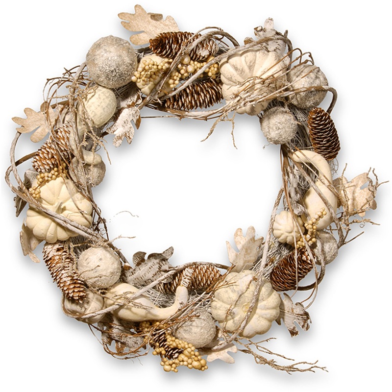 20 in. Fall Wreath with Pumpkins, Gourds, Pinecones, Berry Clusters, Ball Ornaments, Oak Leaves